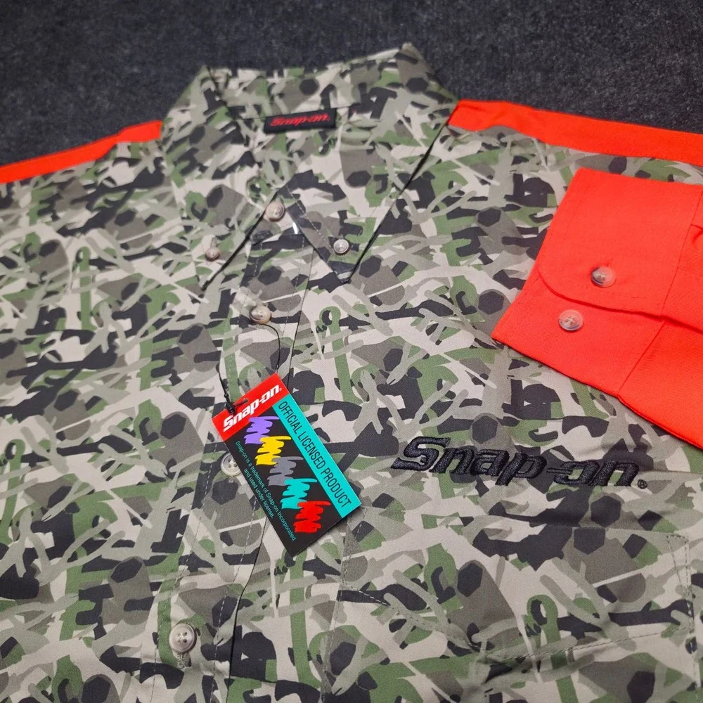 Snap-on Tools Mens Camo Orange Work Shirt Large Wrench Camouflage NWT
